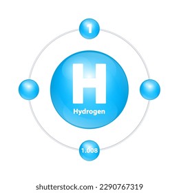 Hydrogen (H) Icon structure chemical element round shape circle light blue with surround ring. Period number shows of energy levels of electron. Study science for education. 3D Illustration vector