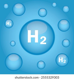 Hydrogen H2 blue bubbles background symbol. Chemical model. Concept of hydrogen H2. Renewable eco-energy. Hydrogen energy based on renewable energy sources and electricity. Vector illustration EPS.