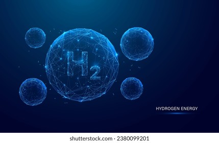 Hydrogen H2 gas molecule in low poly wireframe concept. Symbol h2 or fuel green energy. sustainable alternative clean renewable eco energy, the fuel of the future industry 