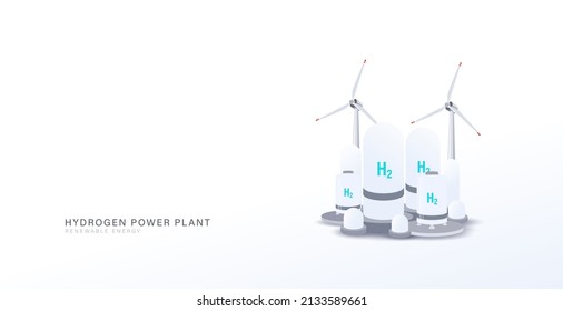 Hydrogen (H2) green power plant concept vector illustration. Renewable energy for clean electric industry and ecology friendly concept.