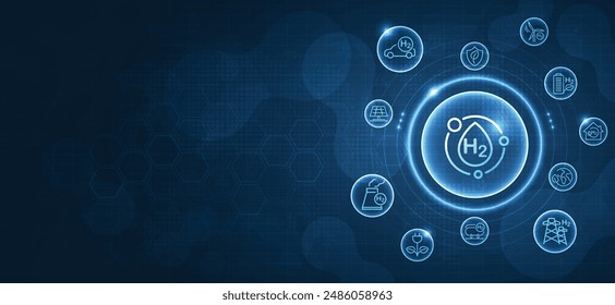 Hydrogen and H2 with icons for sustainable environment. eco-friendly industry and alternative lifestyle. changing the CO2 fuel cell to H2 switching to clean hydrogen energy. vector.