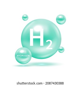 Hydrogen H2 molecule models green and chemical formulas scientific element. Natural gas. Ecology and biochemistry concept. Isolated spheres on white background. 3D Vector Illustration.