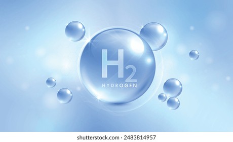 Hydrogen H2 production. renewable energy source. renewable Eco energy. hydrogen energy powered by renewable electricity with water molecule in transparent style. vector design.