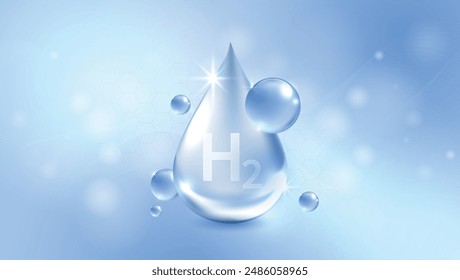 Hydrogen H2 production. renewable energy source. renewable Eco energy. hydrogen energy powered by renewable electricity with water molecule in transparent style. vector design.