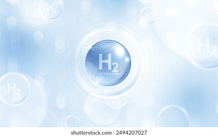 Hydrogen H2 production. renewable energy source. renewable Eco energy. hydrogen energy powered by renewable electricity with water molecule in transparent style. vector design.