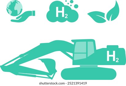 Hydrogen Heavy Equipment Hydraulic Crawler Excavator Benefits. Sustainable, Zero Exhaust Gas Emissions, and Eco-Friendly. Flat Blue Silhouette Vector Illustration on an Isolated White Background.