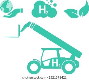 Hydrogen Heavy Equipment Off Road Telehandler Benefits. Sustainable, Zero Exhaust Gas Emissions, and Eco-Friendly. Flat Blue Silhouette Vector Illustration on an Isolated White Background.