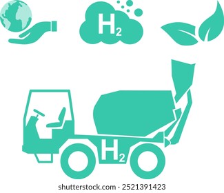 Equipamento pesado de hidrogênio Auto Carregamento Misturador de concreto Benefícios. Sustentável, sem emissões de gases de escape e ecologicamente correto. Ilustração de vetor de silhueta azul plana em um plano de fundo branco isolado.