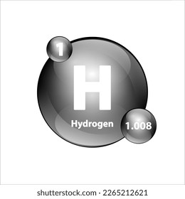 Hydrogen, Hydrogenium (H) chemical element Icon structure round shape circle grey, silver, black easily. Periodic table Sign with atomic number. Study in science for education. 3D Illustration vector.