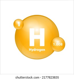 Hidrógeno, Hydrogenium (H) estructura de iconos elemento químico forma redonda círculo amarillo oscuro en tabla periódica Signo con número atómico. Estudio en ciencia para la educación. Vector de ilustración 3D. 