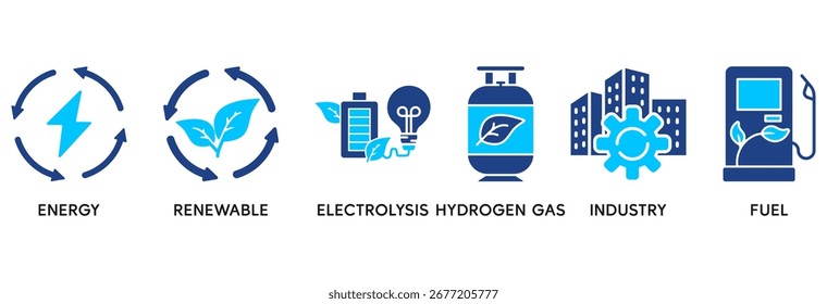 Hydrogen icon set in Blue style Flat vector illustration concept relate to energy, renewable, electrolysis, hydrogen gas, industry, fuel