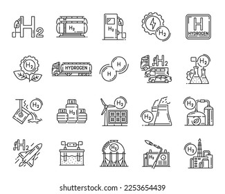 Iconos de hidrógeno. Los símbolos del esquema de fuentes de energía renovables y sostenibles. Pictogramas de línea delgada de combustible de gas hidrógeno, iconos vectoriales de contorno de energía verde con tanque de gas, matraces de laboratorio y plantas de energía solar