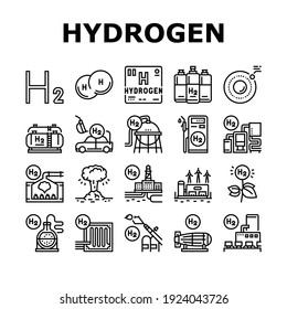 Hydrogen Industry Collection Icons Set Vector. Hydrogen Eco Energy Industrial Plant And Manufacturing Factory, Cylinders And Tank Black Contour Illustrations