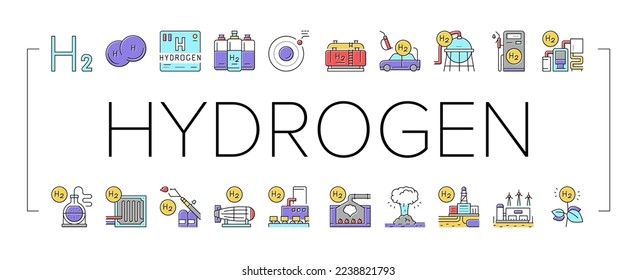 Hydrogen Industry Collection Icons Set Vector. Hydrogen Eco Energy Industrial Plant And Manufacturing Factory, Cylinders And Tank Concept Linear Pictograms. Contour Color Illustrations