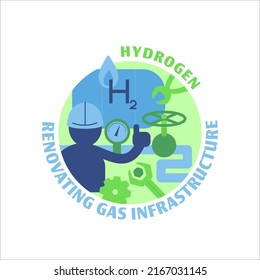 Hydrogen in industry icon. Green fuel production and usage. Industrial processes. Renewable energy source with zero emissions. Vector illustration in green, blue colors isolated on a white background.