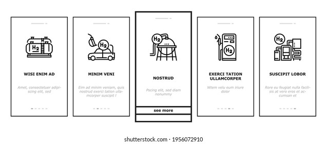 Hydrogen Industry Onboarding Mobile App Page Screen Vector. Hydrogen Eco Energy Industrial Plant And Manufacturing Factory, Cylinders And Tank Illustrations