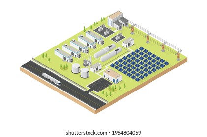 hydrogen microgrid with solar cell in isometric graphic