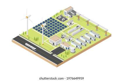 hydrogen microgrid with wind turbine and solar cell in isometric graphic