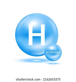 Molécula de hidrógeno en azul. Gas natural. Ecología y concepto bioquímico. Esferas aisladas sobre fondo blanco. Ilustración de vectores 3D.