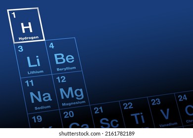 Hydrogen on periodic table of elements. Nonmetallic and the lightest chemical element, with symbol H from Latin hydrogenium, and with atomic number 1. Most abundant chemical substance in the universe.