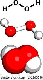 Hydrogen Peroxide (H2O2) Molecule, Chemical Structure. HOOH Is An Example Of A Reactive Oxygen Species (ROS). H2O2 Solutions Are Often Used In Bleach And Cleaning Agents. Three Representations,