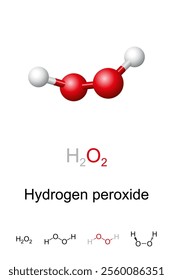 Hydrogen peroxide, H2O2, molecule model and chemical formula. Ball-and-stick model and geometric structure of peroxol, a pale blue liquid, used as an oxidizer, bleaching agent and antiseptic. Vector