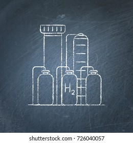 Hydrogen plant icon sketch on chalkboard. Renewable energy production symbol - chalk drawing on blackboard.