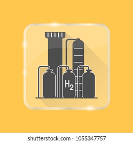 Hydrogen Plant Silhouette Icon With Long Shadow In Flat Style On Transparent Button. Renewable Energy Production Symbol Isolated.