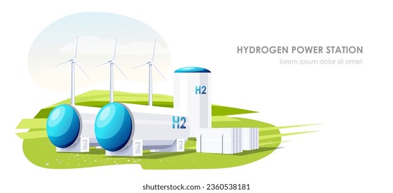 Hydrogen power station at field. Green, clean and ecological energy production. Environmental, alternative resource. Clean, renewable fuel. Industrial technology, modern windmill. Vector illustration