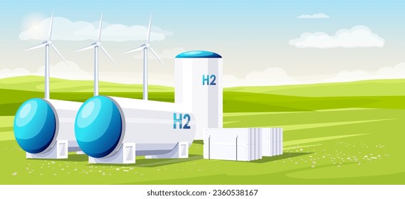 Hydrogen power station at field landscape. Green and ecological energy production. Environmental, alternative resource. Renewable fuel. Industrial technology, modern windmill. Vector illustration