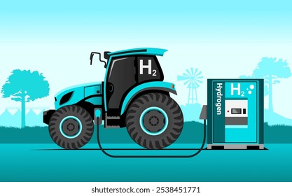 Hydrogen powered farm equipment small tractor charging at fuel cell power pack. Flat vector illustration with light blue farming silhouette background. Zero emission in agriculture segments.