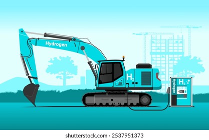 Escavadora de equipamentos pesados movida a hidrogênio carregando na construção de célula de combustível pacote de energia. Ilustração de vetor plano com fundo de silhueta de construção azul claro. Emissão zero na construção.