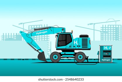 Hydrogen powered heavy equipment wheeled excavator charging at construction fuel cell power pack. Flat vector illustration with light blue construction background. Zero emission in construction.