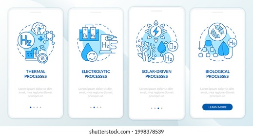 Hydrogen production onboarding mobile app page screen. Solar-driven processes walkthrough 4 steps graphic instructions with concepts. UI, UX, GUI vector template with linear color illustrations
