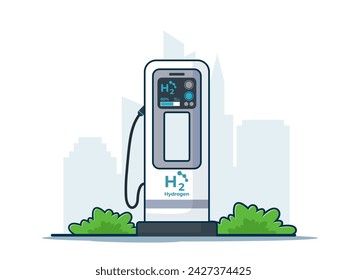 Hydrogen refueling dispensers for H2 vehicles illustration. Cartoon illustration concept of hydrogen-powered transportation. Green energy flat illustration isolated on a white background