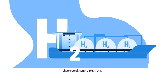 Concepto de nave hidrógeno e ilustración vectorial. Gran barco azul con gran texto H2. Plantilla para banner de sitio web, campaña publicitaria o artículo de noticias.