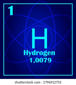 Hydrogen simple style tile icon. Chemical element of periodic table. Atom on a blue background