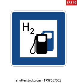 Hydrogen station road sign. Vector illustration with blue square traffic sign with hydrogen fueling pump icon inside. Filling station symbol used in Germany isolated on background. Ecological fuel.