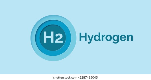 Wasserstoffsymbol in einem blauen Kreis auf blauem Hintergrund. Bannervorlage für eine Website.  Wasserstoffenergie. Н2. Grünes Wasserstofflogo. Saubere Energie. Vektorgrafik