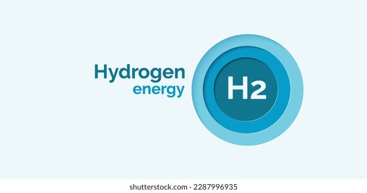 Hydrogen symbol in a blue circle on a  white background. Paper cut . Banner template for a website.  Hydrogen energy. Н2. Green hydrogen logo. Clean energy. Vector illustration