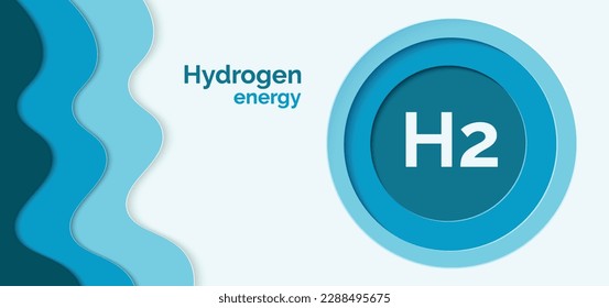 Símbolo de hidrógeno en círculo azul sobre fondo blanco y azul. Cortado de papel. Plantilla de banner para un sitio web.  Energía de hidrógeno. Н2. Logo del hidrógeno verde. Energía limpia. Ilustración del vector