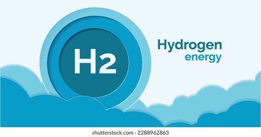 Hydrogen symbol in a blue circle on a  white and blue background. Paper cut . Banner template for a website.  Hydrogen energy. Н2. Green hydrogen logo. Clean energy. Vector illustration