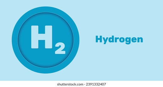 Hydrogen symbol in a blue circle on a blue background. Paper cut . Banner template for a website. Hydrogen energy. Н2. Green hydrogen logo. Clean energy. Vector illustration