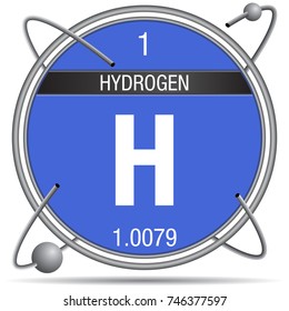 Hydrogen symbol inside a metal ring with colored background and spheres orbiting around. Element number 1 of the Periodic Table of the Elements - Chemistry 