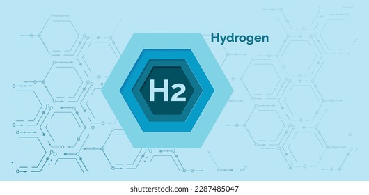 Hydrogen symbol on an abstract blue background of hexagons. Banner template for a website.  Hydrogen energy. Н2. Green hydrogen logo. Clean energy. Vector illustration