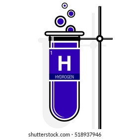 Hydrogen symbol on label in a violet test tube with holder. Element number 1 of the Periodic Table of the Elements - Chemistry