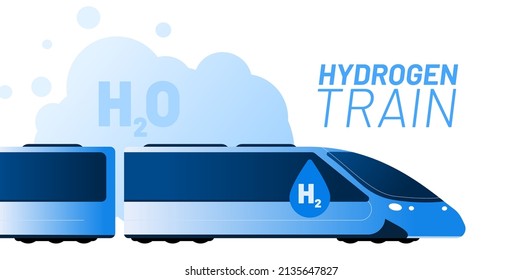 Hydrogen train and green energy vector illustration concept. Big blue vehicle with text H2 on the side with harmless water emission. Template for website banner, advertising campaign or news article.