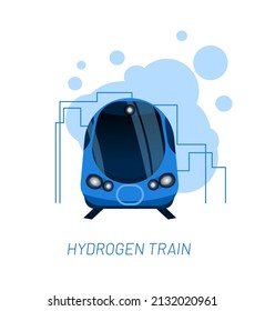 Concepto de ilustración vectorial del tren hidrógeno. Gran vehículo azul con gasolinera y la ciudad. Plantilla para banner de sitio web, campaña publicitaria o artículo de noticias.