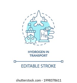 Hydrogen In Transport Concept Icon. Use Renewable Energy Abstract Idea Thin Line Illustration. Clean Transportation. Air Travel Sector. Vector Isolated Outline Color Drawing. Editable Stroke