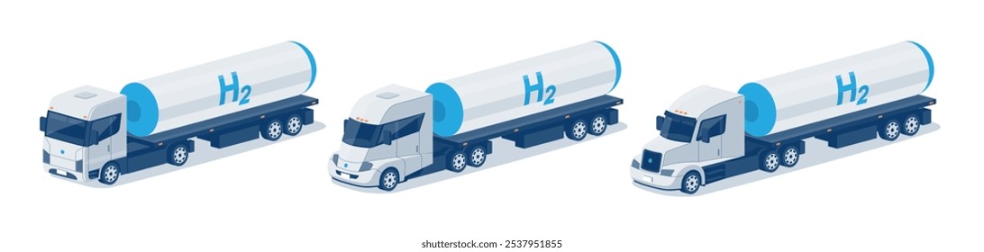 Semircaminhões de transporte de hidrogênio com tanques de combustível de armazenamento no reboque. Transporte de H2 azul, verde, cinza da fábrica de instalação de processo de produção. Ilustrações isoladas planas de vetor em branco.